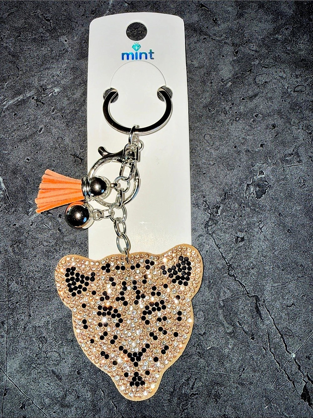 mint Leopard Rhinestone Keychain with Tassel Leopard Bear Keychain in Gold &